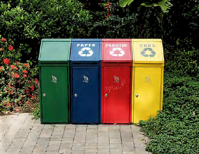 Recycling bins for paper, plastic, and cans