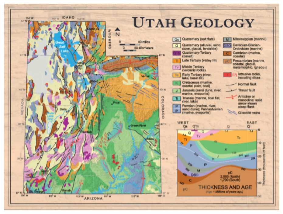 Map of Utah's geology, showing rock type and age across the state