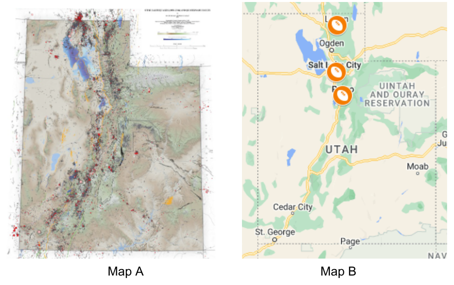Utah earthquake frequency (Map A) and stadium locations (Map B)