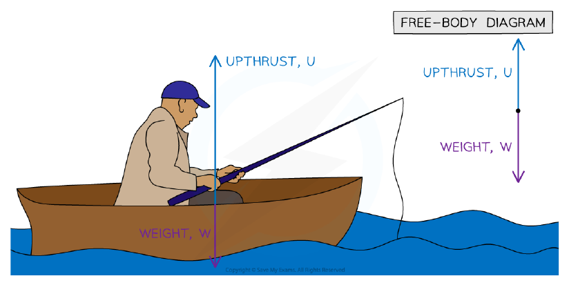 Free-body diagram showing upthrust and weight on a boat and a fish