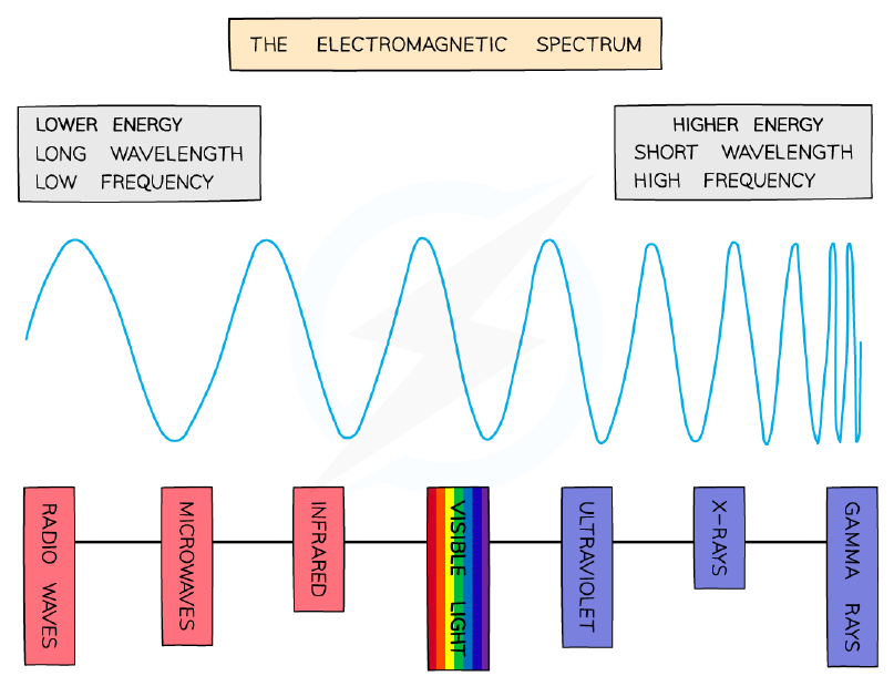 The electromagnetic spectrum, showing the seven regions in order of decreasing wavelength (increasing frequency), from radio waves to gamma rays.