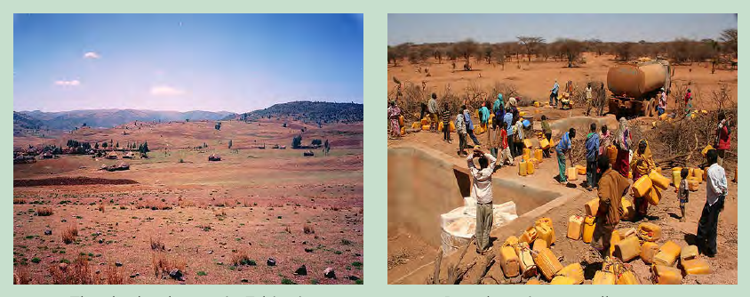 The dry landscape in Ethiopia and people collecting water during a drought and famine
