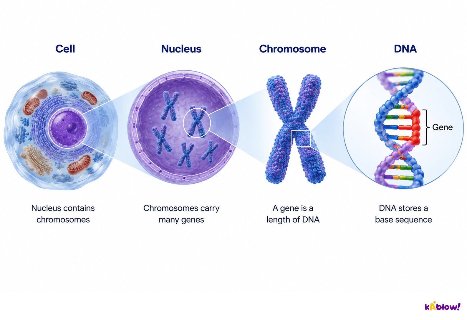 Zooming from cell to gene: chromosomes in the nucleus, made of DNA wrapped around proteins.