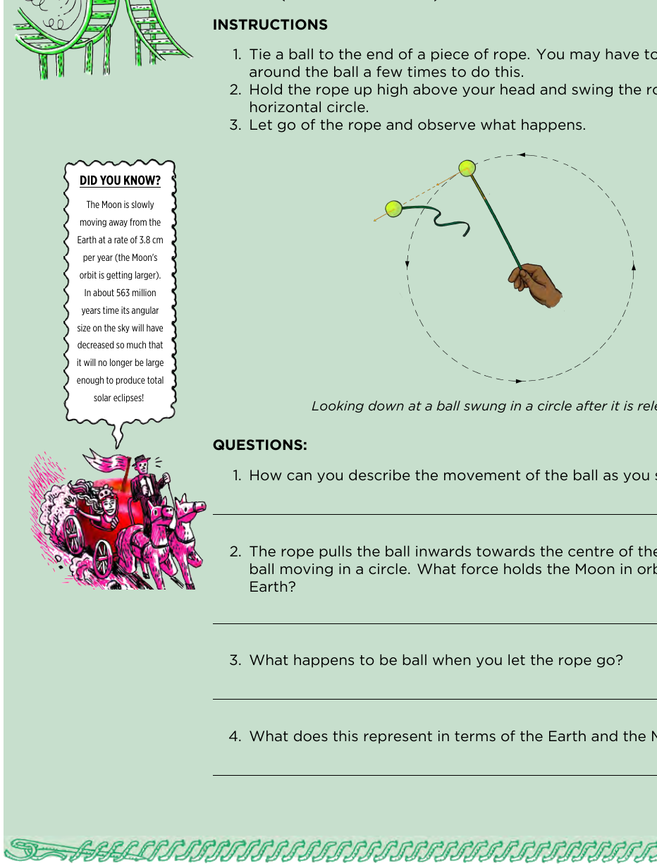 A hand swinging a ball on a rope in a circle, illustrating centripetal force and orbits.