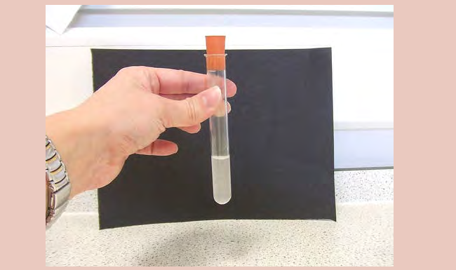 Limewater that has turned milky in a test tube.