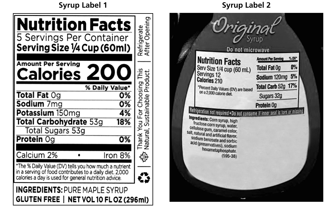 Two nutrition labels: Syrup Label 1 (pure maple syrup) and Syrup Label 2 (processed syrup with multiple ingredients)