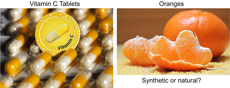 Vitamin C tablets and oranges
