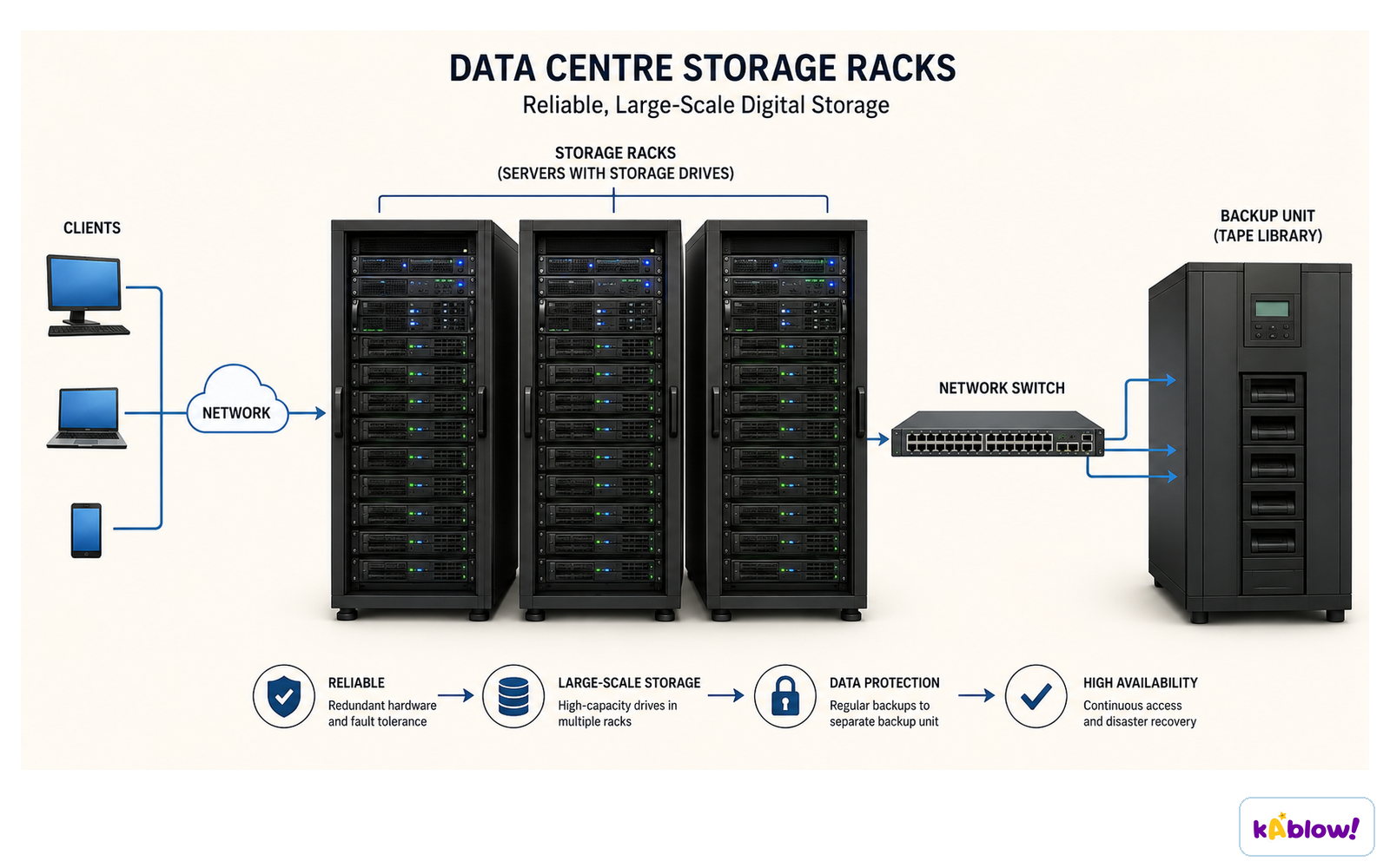 Cloud storage keeps data on racks of drives in a data centre, reached over a network.