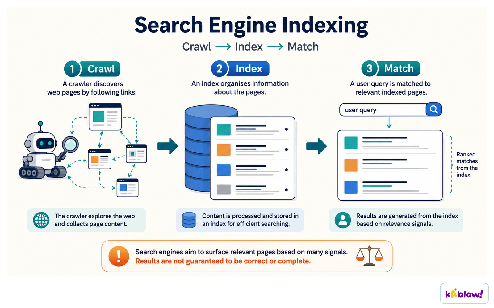 Crawlers discover pages, an index organises them, and a query is matched against that index: ranking reflects relevance signals, not truth.