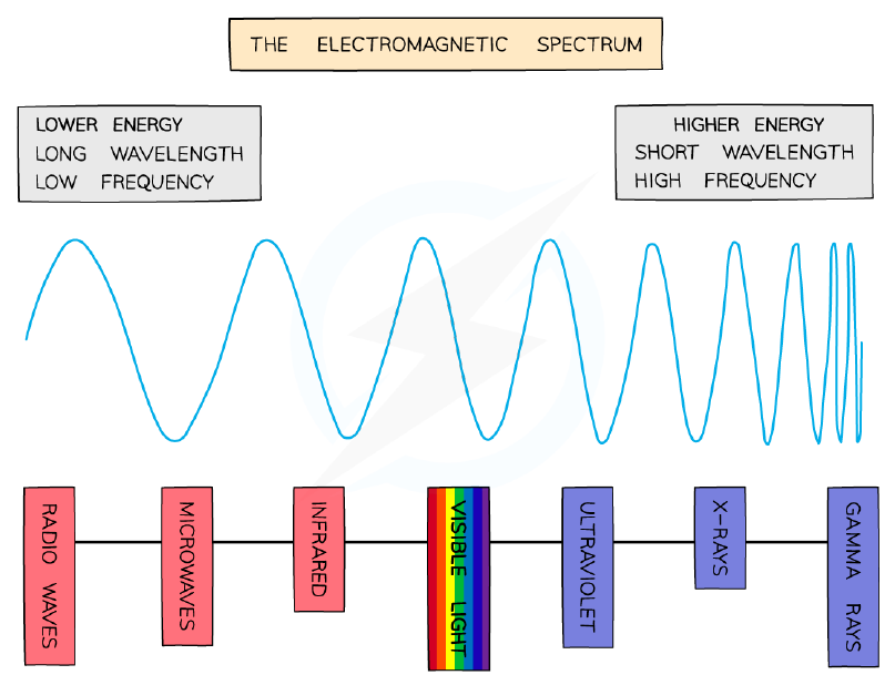 The electromagnetic spectrum, showing the seven regions in order of decreasing wavelength (increasing frequency), from radio waves to gamma rays.