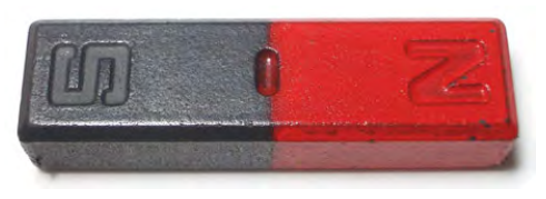 A bar magnet painted to show its north and south poles.