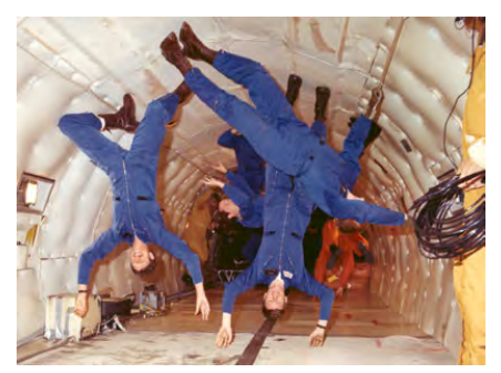 Astronauts experiencing weightlessness in free-fall.