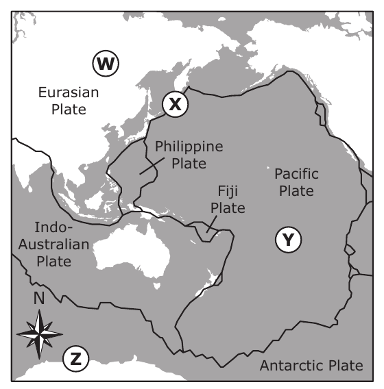Map of tectonic plates around the Pacific, with four locations marked W, X, Y, and Z