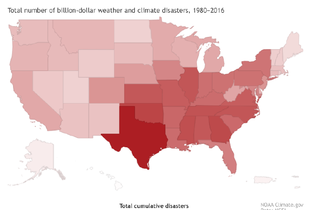 Map showing the total number of billion-dollar weather and climate disasters by state, 1980-2016