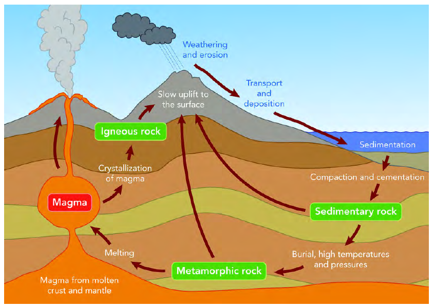 The rock cycle: magma cools to form igneous rock; weathering, erosion and deposition form sediment that compacts into sedimentary rock; heat and pressure form metamorphic rock; melting returns rock to magma.