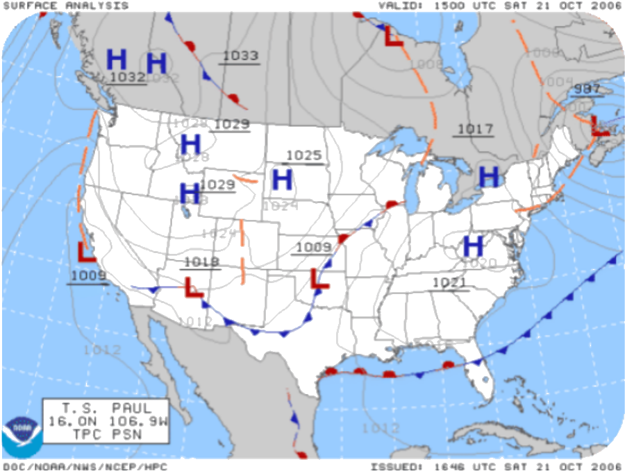 A surface analysis weather map showing high and low pressure systems, fronts, and isobars across the United States.