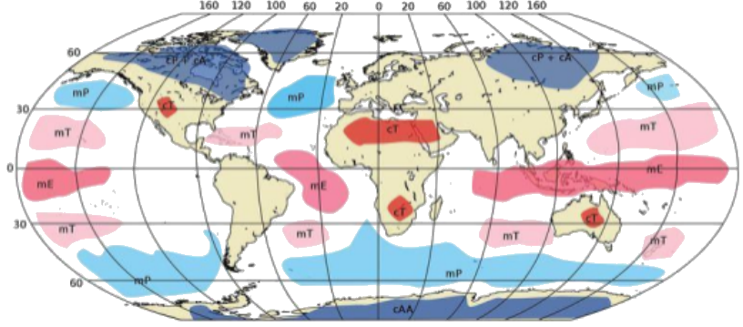 A world map showing the distribution of different air masses, labeled with their characteristic abbreviations (e.g., mP for maritime polar, cT for continental tropical).