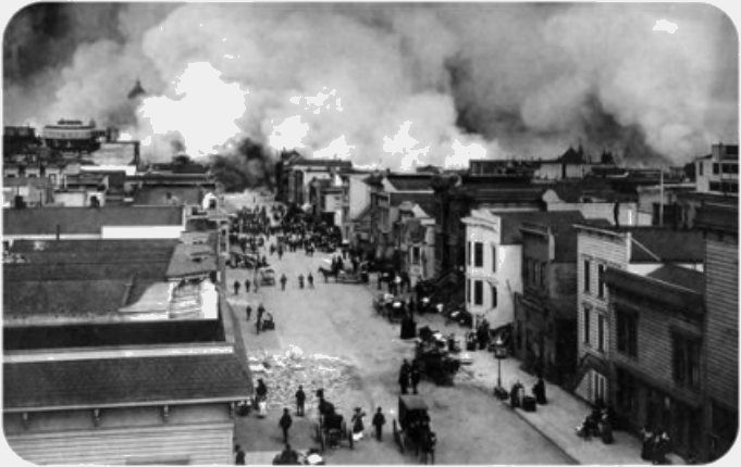 San Francisco after the 1906 earthquake, with smoke rising from fires