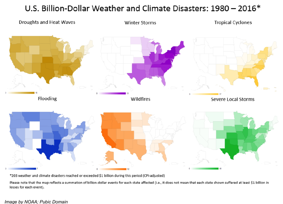 Map of billion-dollar weather and climate disasters by state, 1980-2016