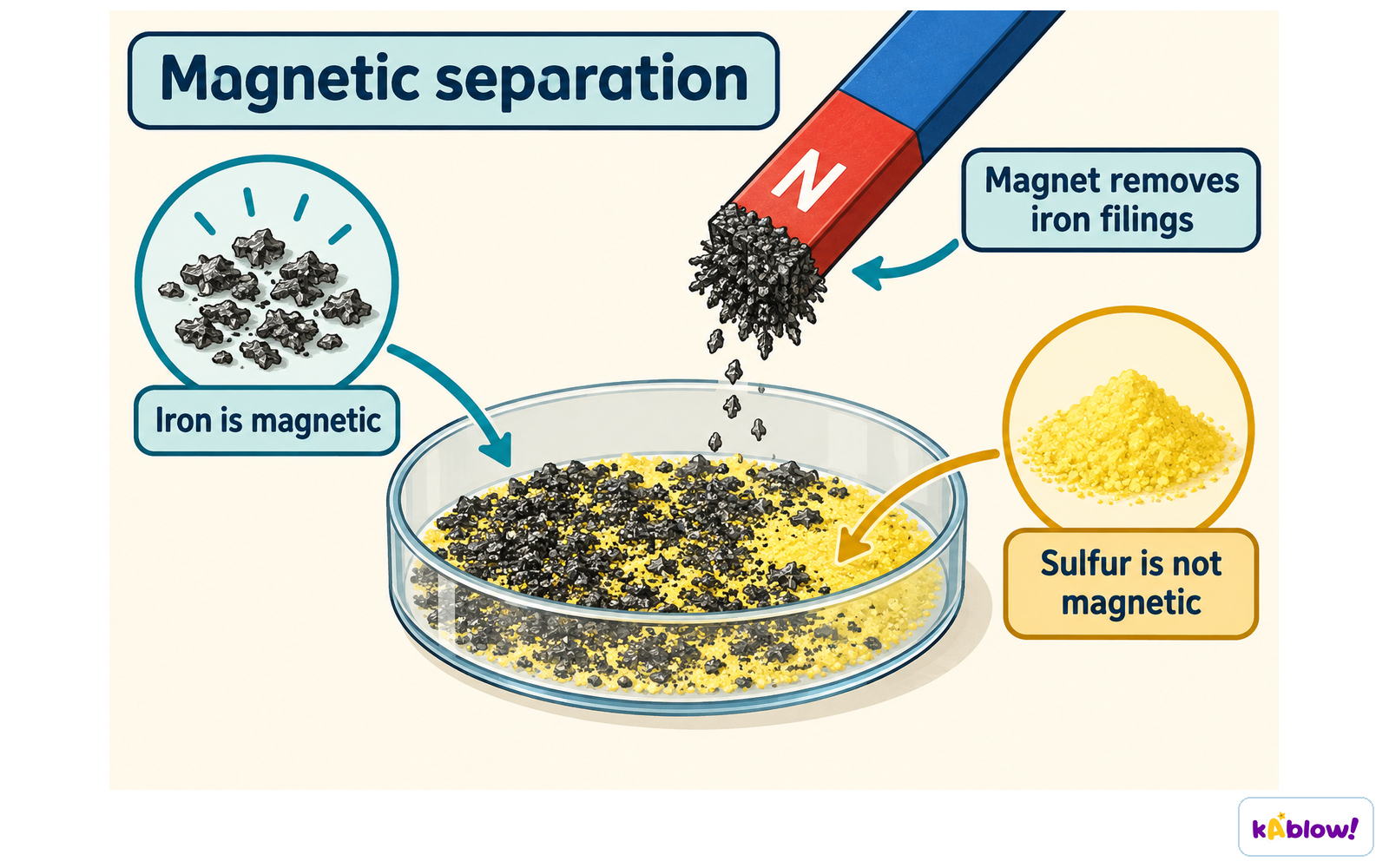 A magnet separates iron from sulfur because iron is magnetic and sulfur is not. The substances in a mixture are not chemically joined.
