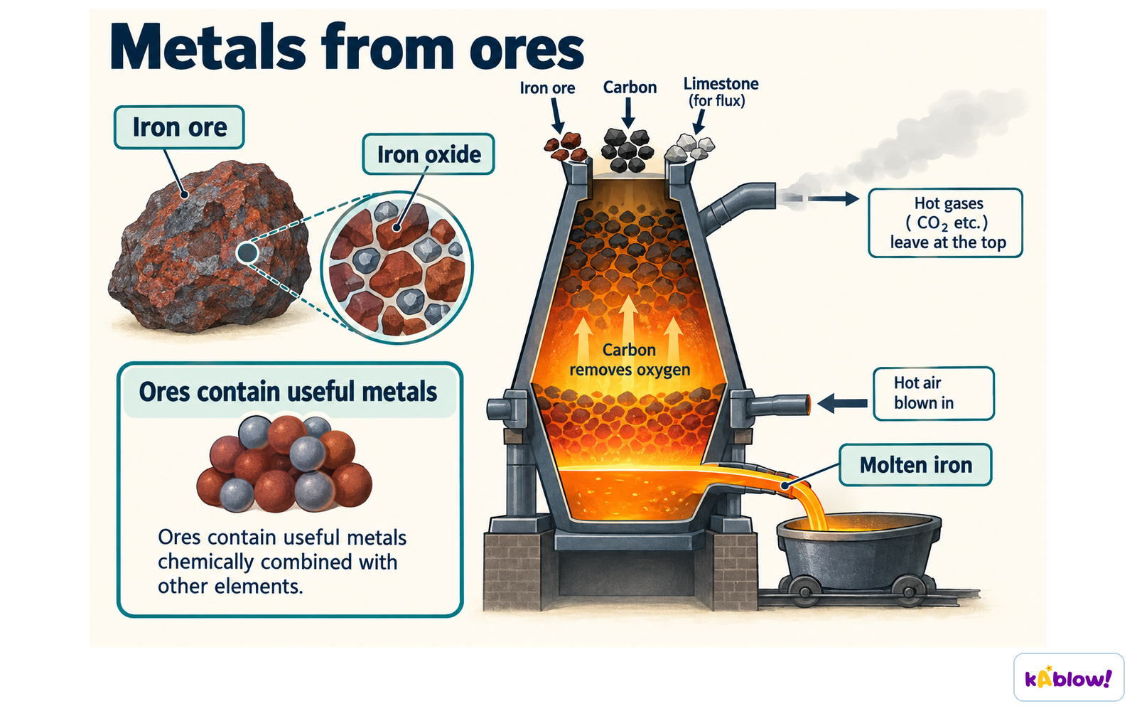 Iron is extracted from iron ore in a blast furnace. Removing oxygen from the iron oxide produces iron.