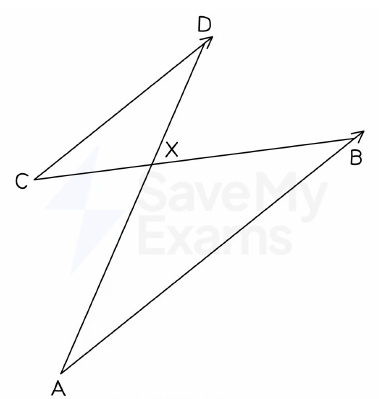 AB is parallel to DC. Triangle ABX and triangle CDX share vertex X.