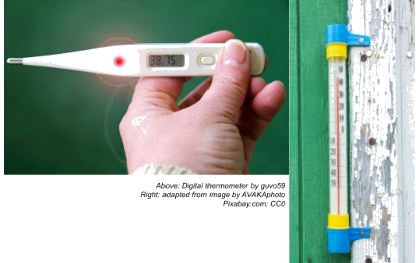 A digital thermometer showing 38.75 degrees and an analog alcohol thermometer.