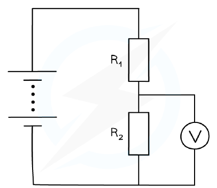 A circuit diagram for a potential divider with two resistors in series.