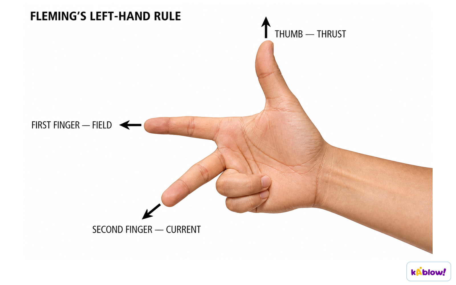Fleming's left-hand rule: thumb = force (thrust), first finger = field, second finger = current.