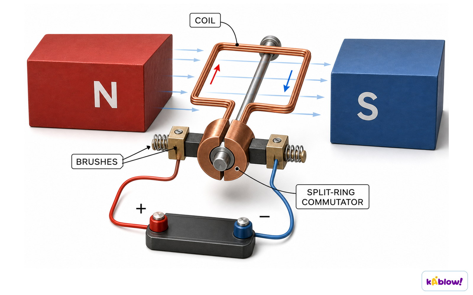 Structure of a simple d.c. motor, showing the coil, split-ring commutator, carbon brushes and magnetic field.