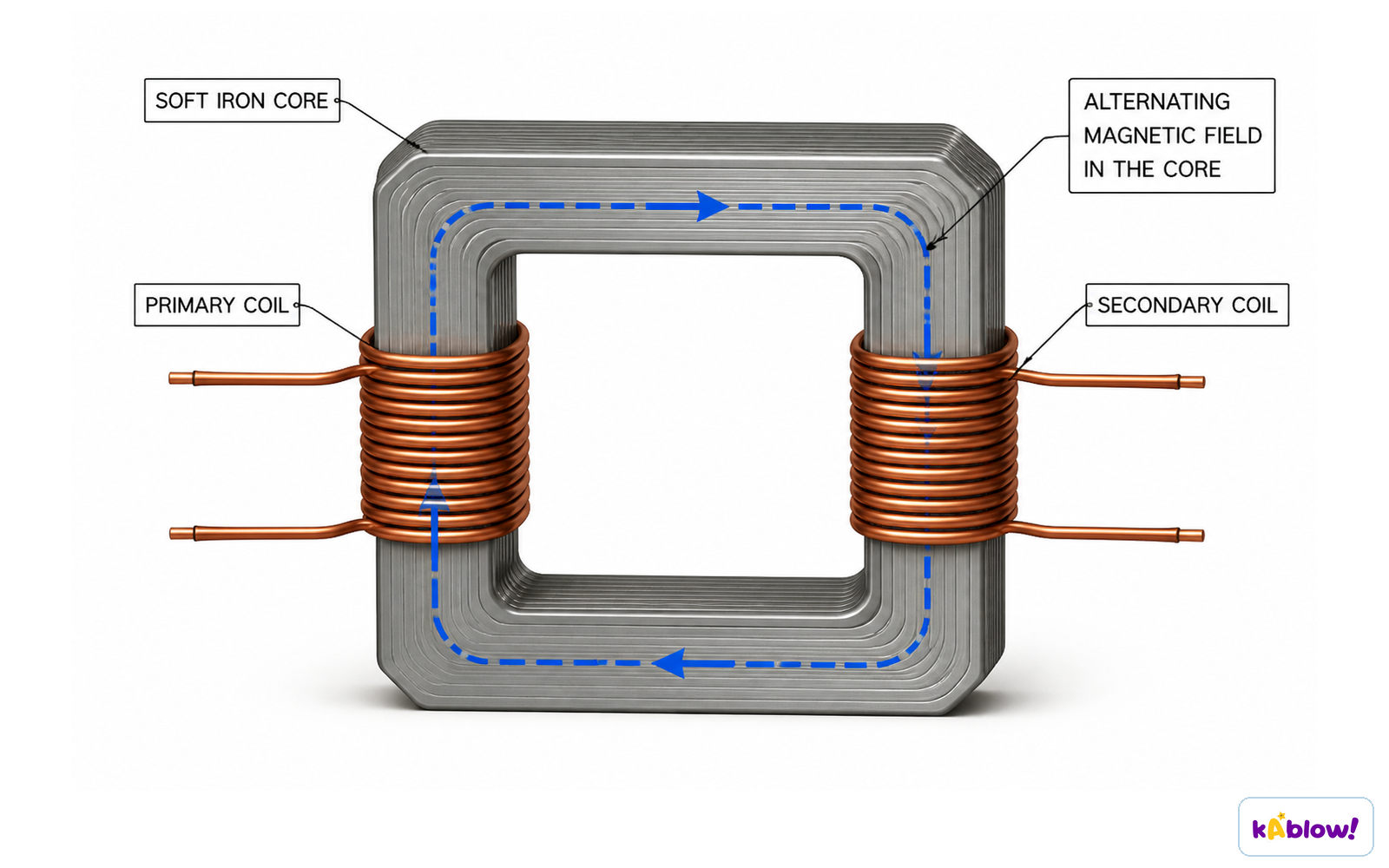 Structure of a simple transformer: primary coil and secondary coil wound on a soft iron core.