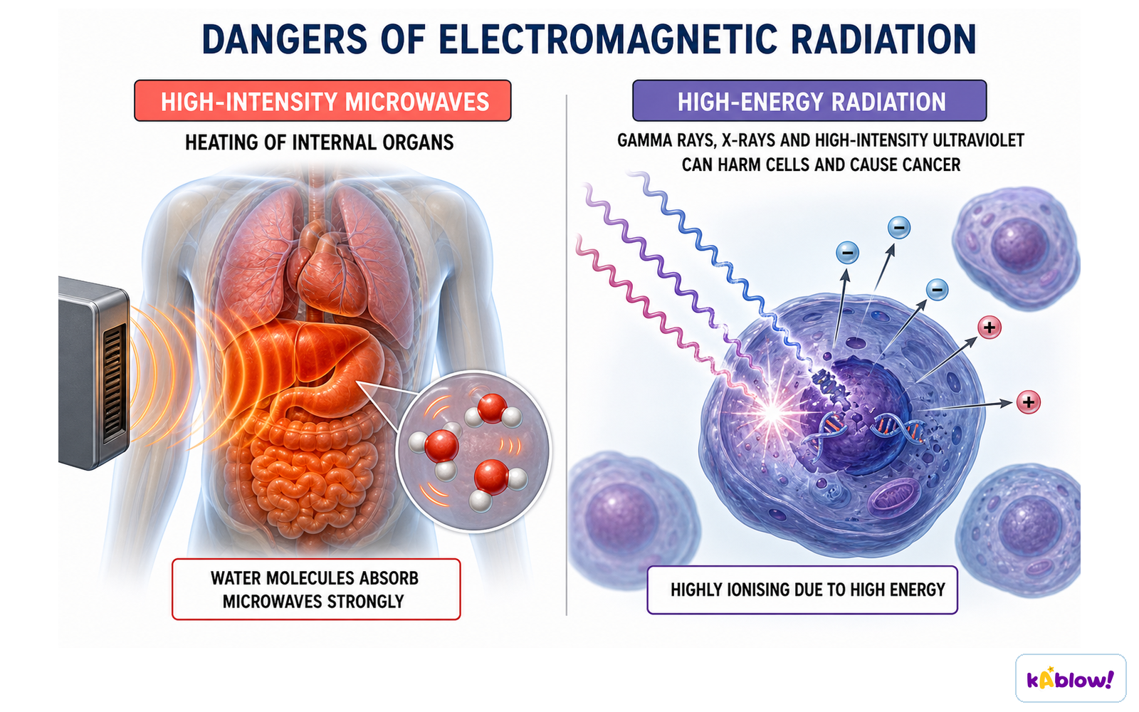 The dangers of high-intensity microwaves, and of gamma rays, X-rays and high-intensity ultraviolet, with the reason each is harmful.