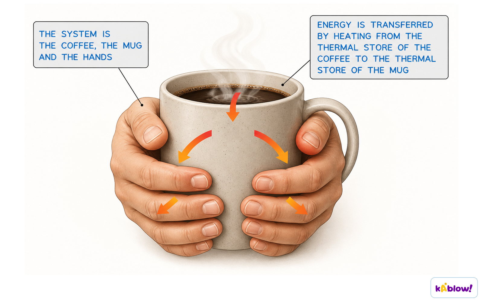 Energy transfer by heating from a hot coffee mug to cold hands