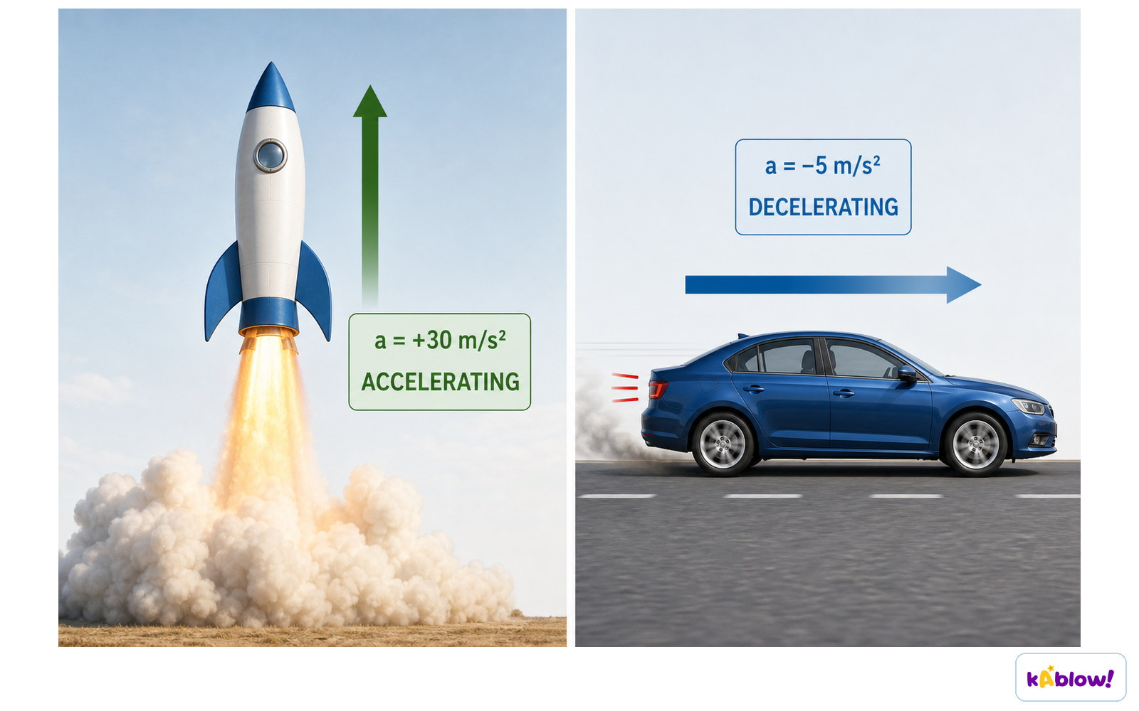 Illustration of positive and negative acceleration with a rocket and a car.