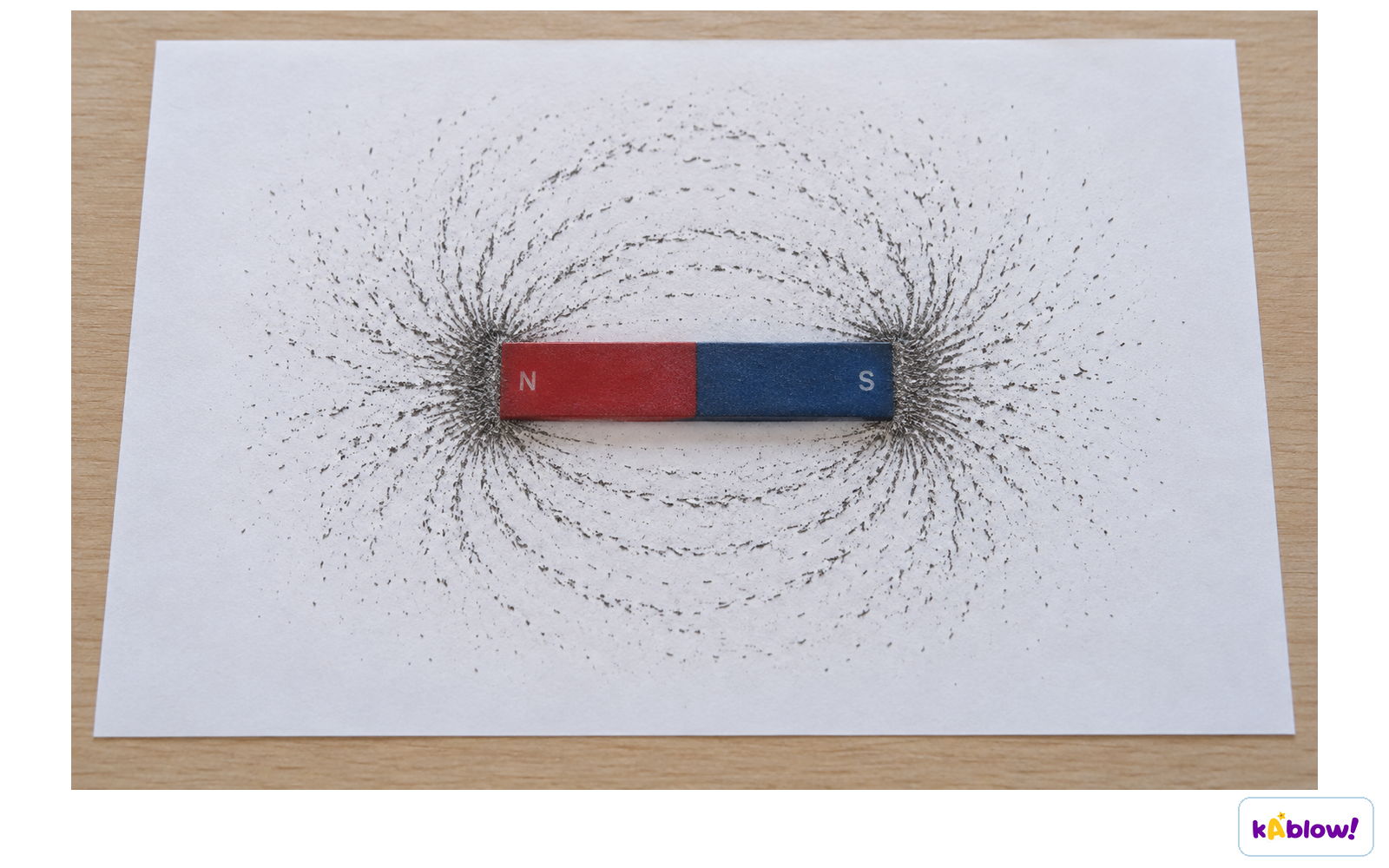 Bar magnet with iron filings pattern.
