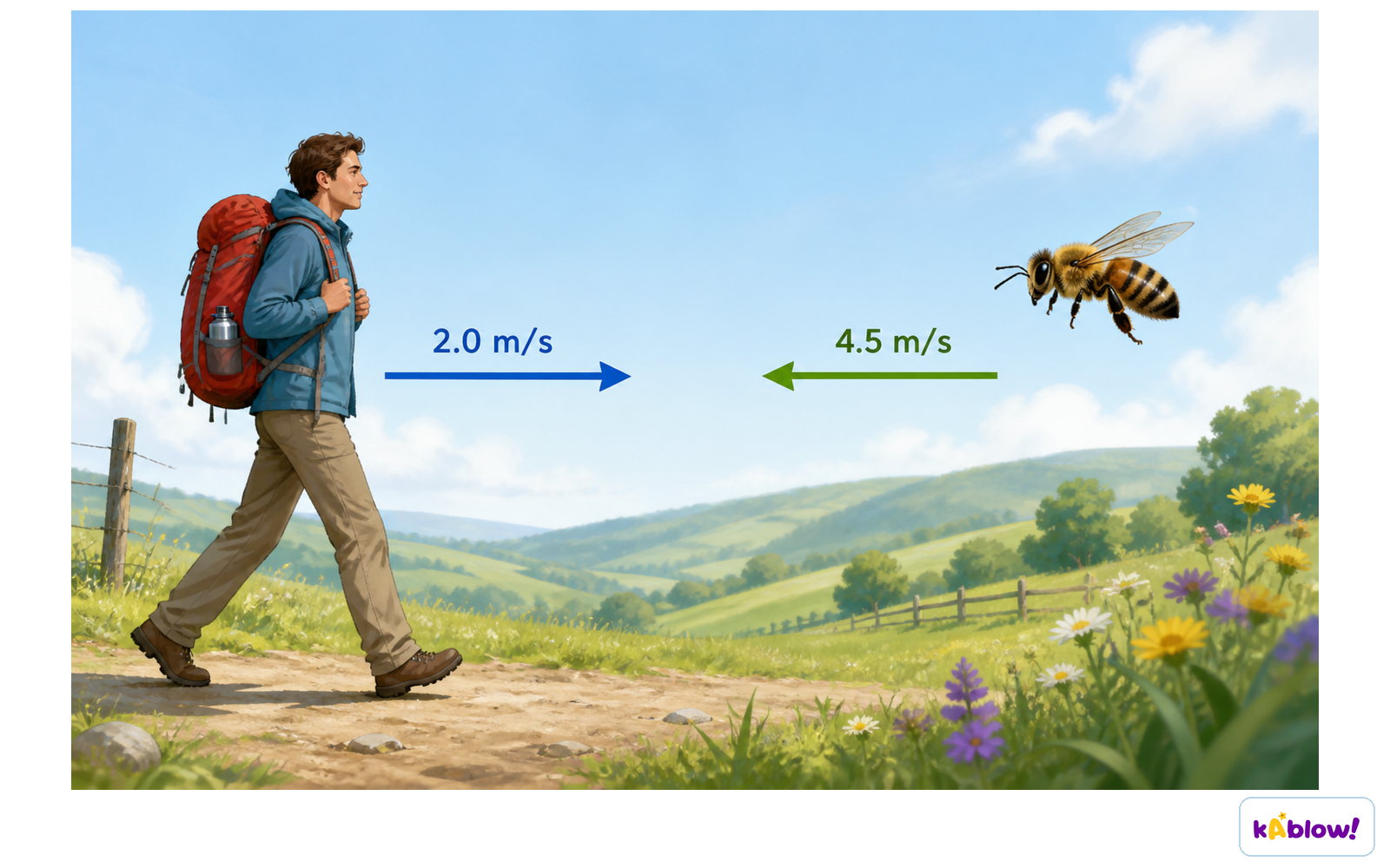 A person walking at 2.0 m/s and a bee flying at 4.5 m/s, illustrating speed.