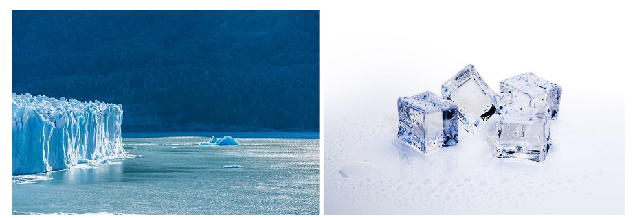 A large iceberg has more total kinetic (thermal) energy than a few small ice cubes of the same substance and temperature, because it is made of far more particles.
