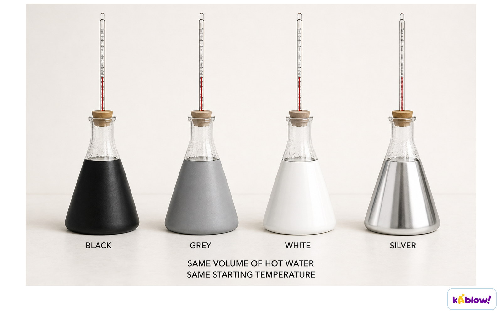 Four flasks painted different colours to test cooling
