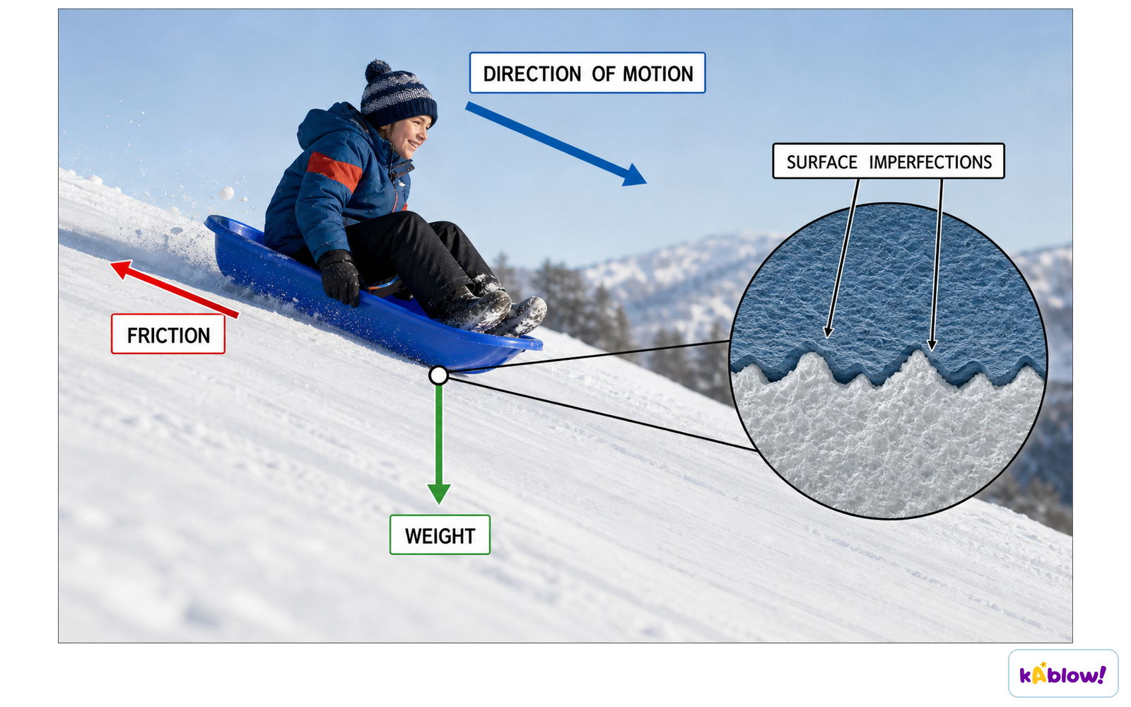 Friction acts against the motion of a sledge