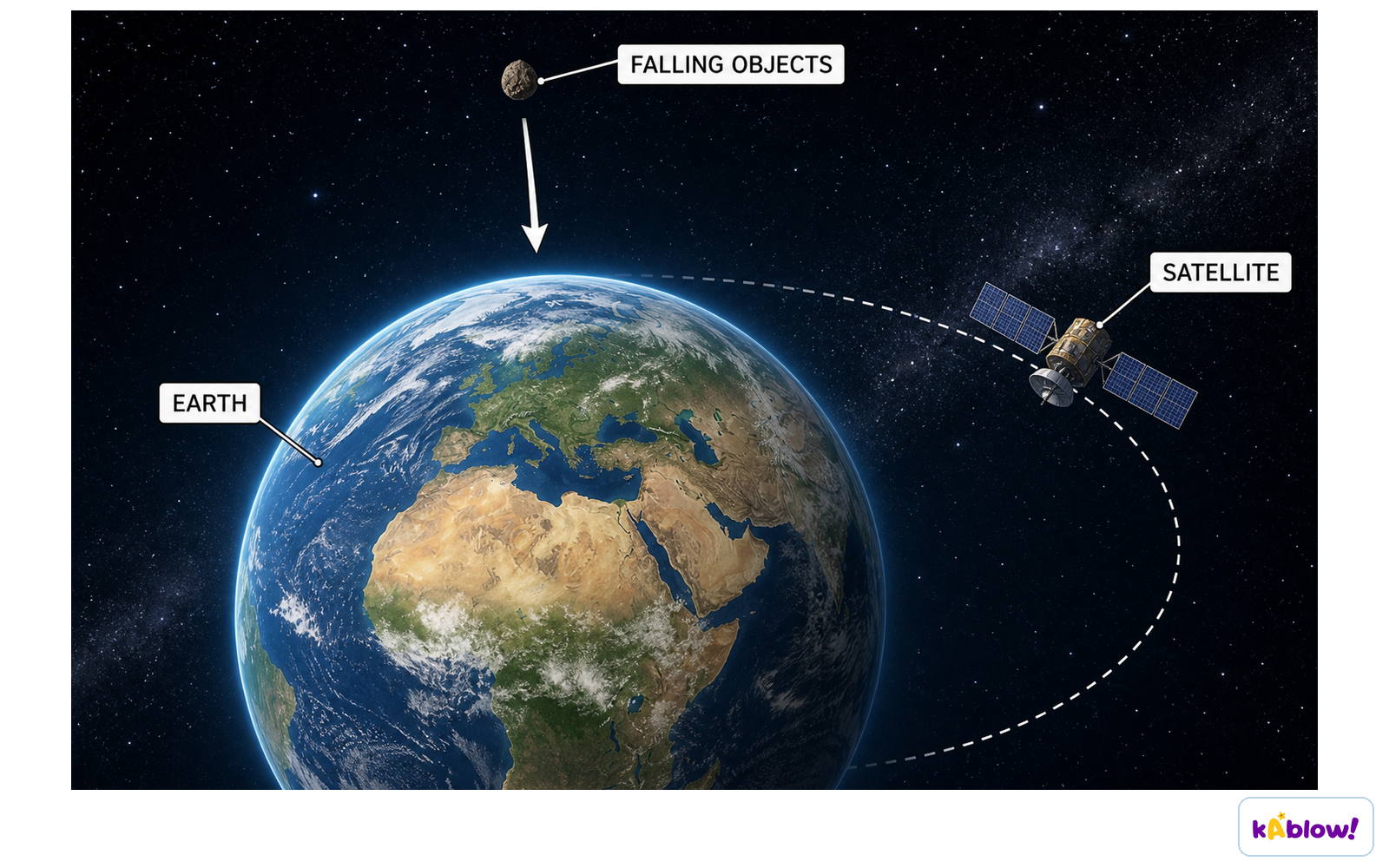 Illustration of Earth's gravitational field affecting falling objects and a satellite.