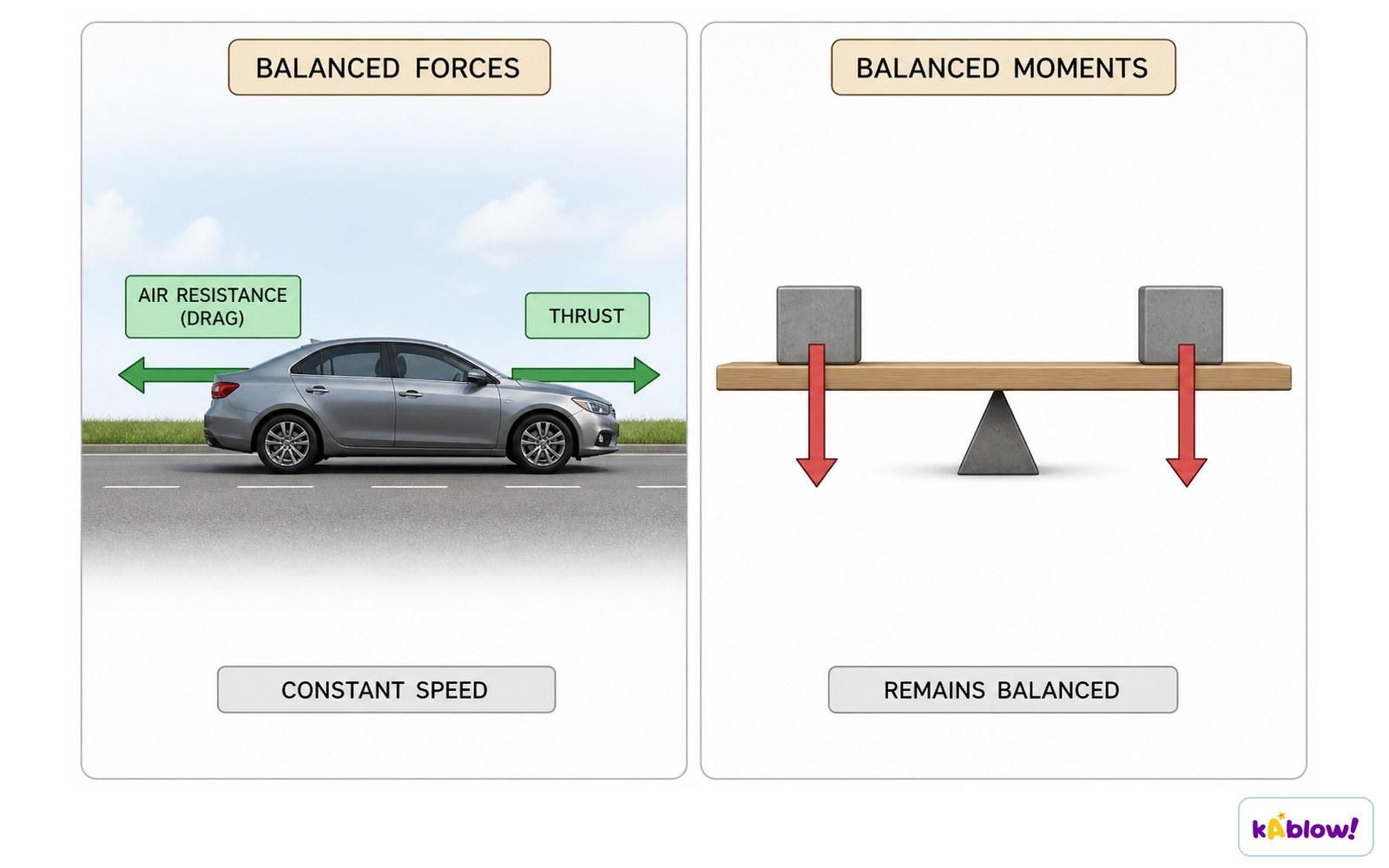 A car with balanced forces at constant speed, and a seesaw with balanced moments, illustrating equilibrium.
